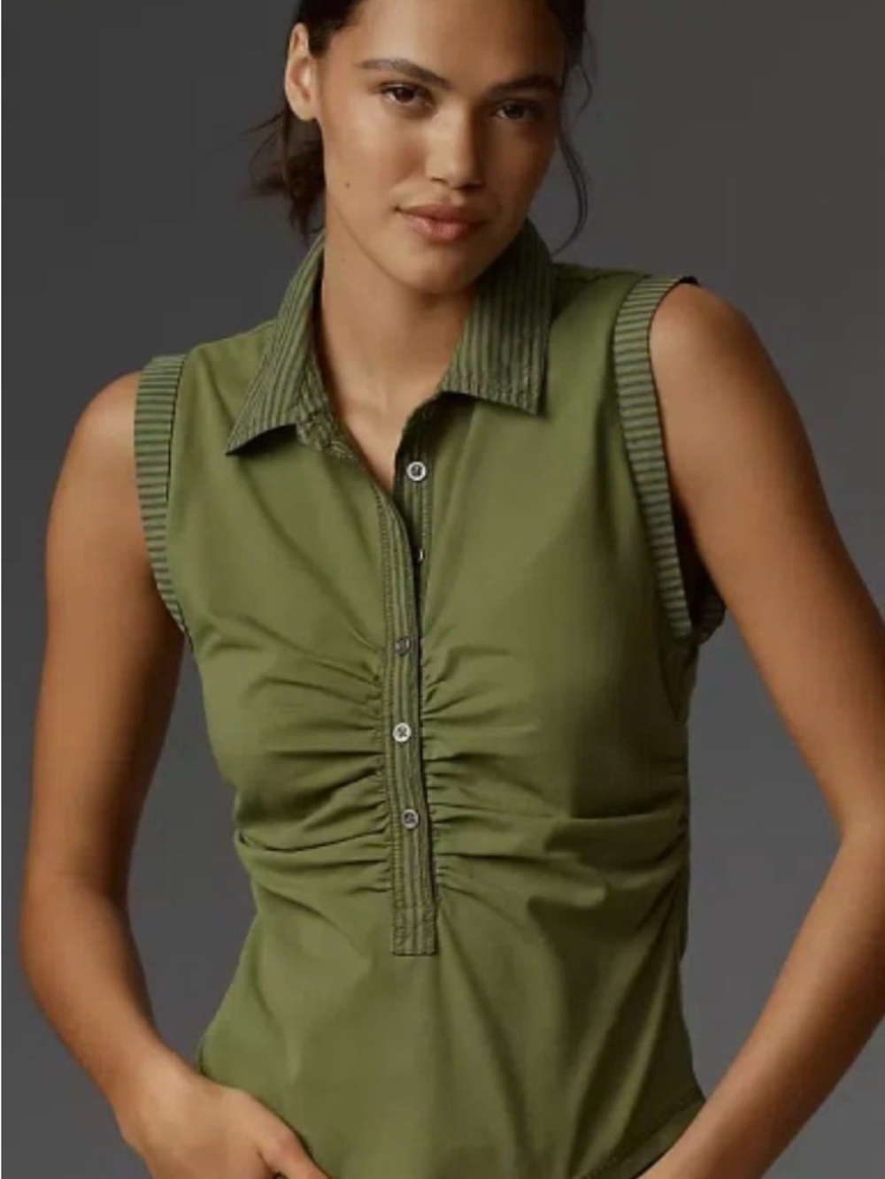 Pilcro Sleeveless Ruched Polo Tank - Olive Size Medium